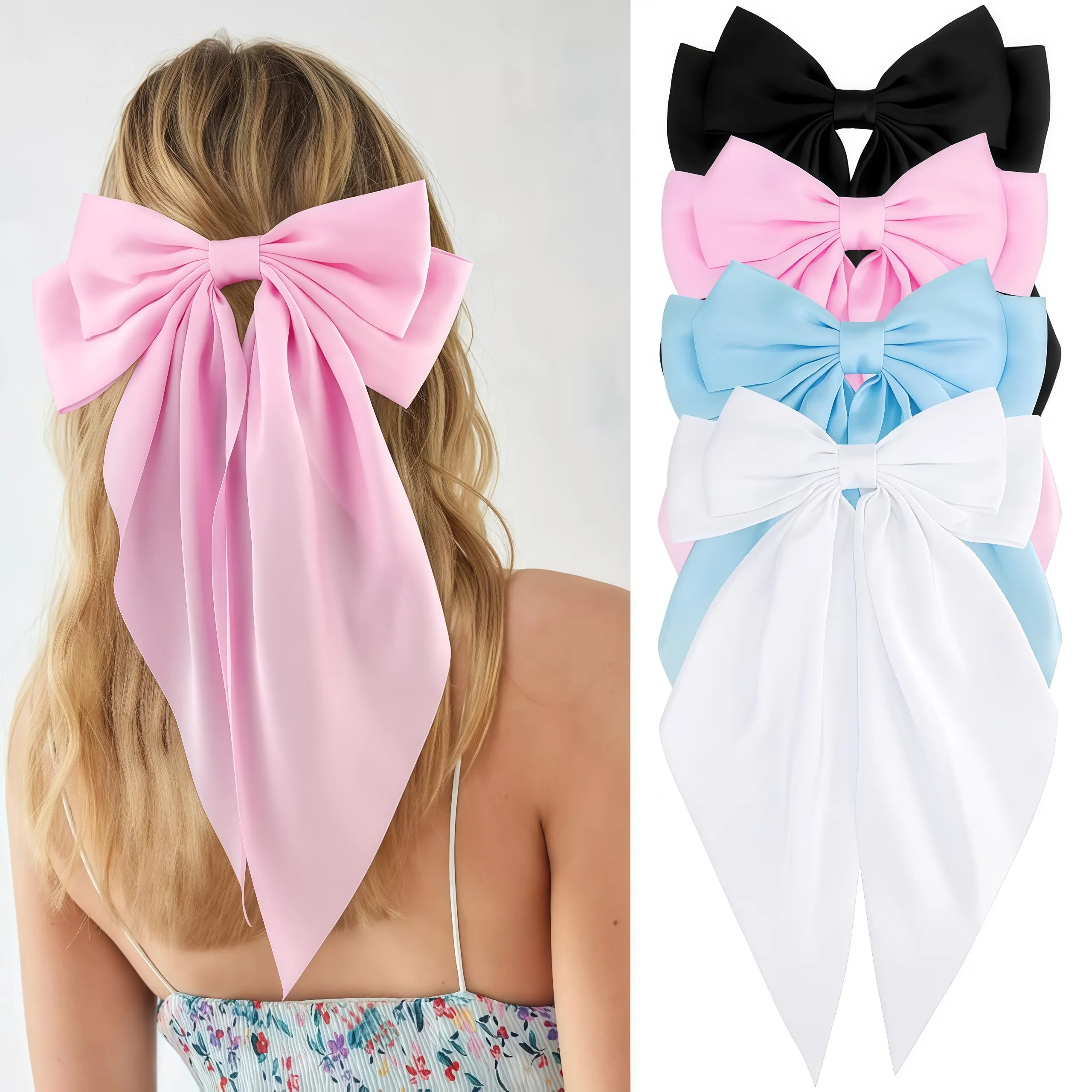 Women's 12-Piece Coquette Hair Bow Set, Plain Synthetic Satin Long-Tail Bows & Ribbon Barrettes with Gentle-Hold Clips for Daily Styling, Christmas, Ceremony