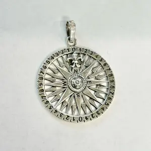 Sterling Silver 925 Compass Fleur de Lis Round Pendant