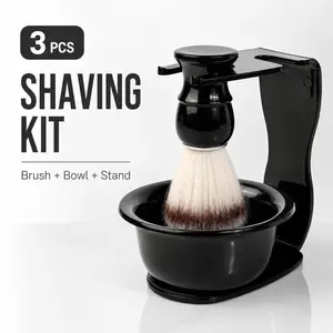 Men’s Shaving Brush Set 3PCS with Bowl and Stand, Soft Bristle Beard Brush, Lather Bowl Holder Kit, Wet Shaving Grooming Tools for Barbershop, Home Beard Care, Face Cleaning and Smooth Shave