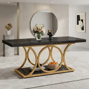 Modern 2-Tier Faux Marble Coffee Table with Geometric Gold Metal Legs, 47.24 Inch Rectangular Center Table with Open Storage Shelf, Waterproof Scratch Resistant MDF Stylish Home Living Room Apartment Decor Furniture