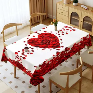 1pc Rectangular Dining Tablecloth, Multiple Specifications Available, Multi - Color Polyester Table Cover, Waterproof & Oil - Proof, Thickened & Washable, Home & Outdoor Use, Adorned with Red Rose Heart Design, Perfect for Dining Room Decoration