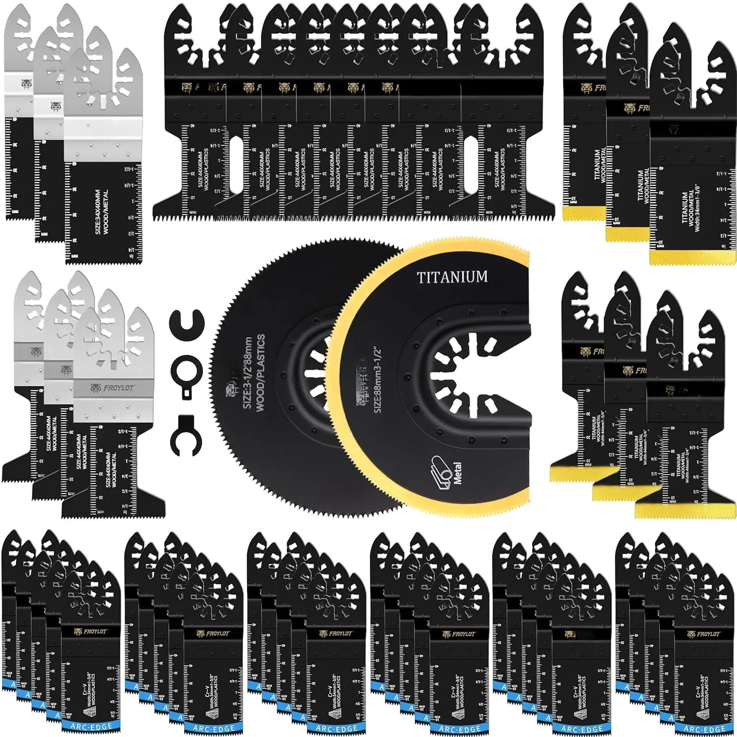 FROYLOT 52-Count High-Hardness Titanium Bi-Metal Oscillating Multi-Tool Kit with Adapters, Universal Fit for Ryobi Worx Makita Tools, Ideal for Pros (Metal, OSB, Drywall Woodworking)