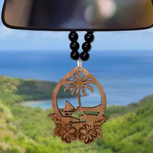 Guam Ornament with Hibiscus - 1/4 Inch Thick Wood, Cherry, Hickory, Mahogany Options,4 Inches & 5 Inches Unfinished Size, Stylish Accessory