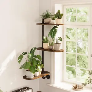 Window Plant Shelves 3-Tier Rotating Plant Stand Industrial Window Plant Shelf Wood Wall Decorative Indoor Plants Light Exposure Gift Idea for Plant Lovers