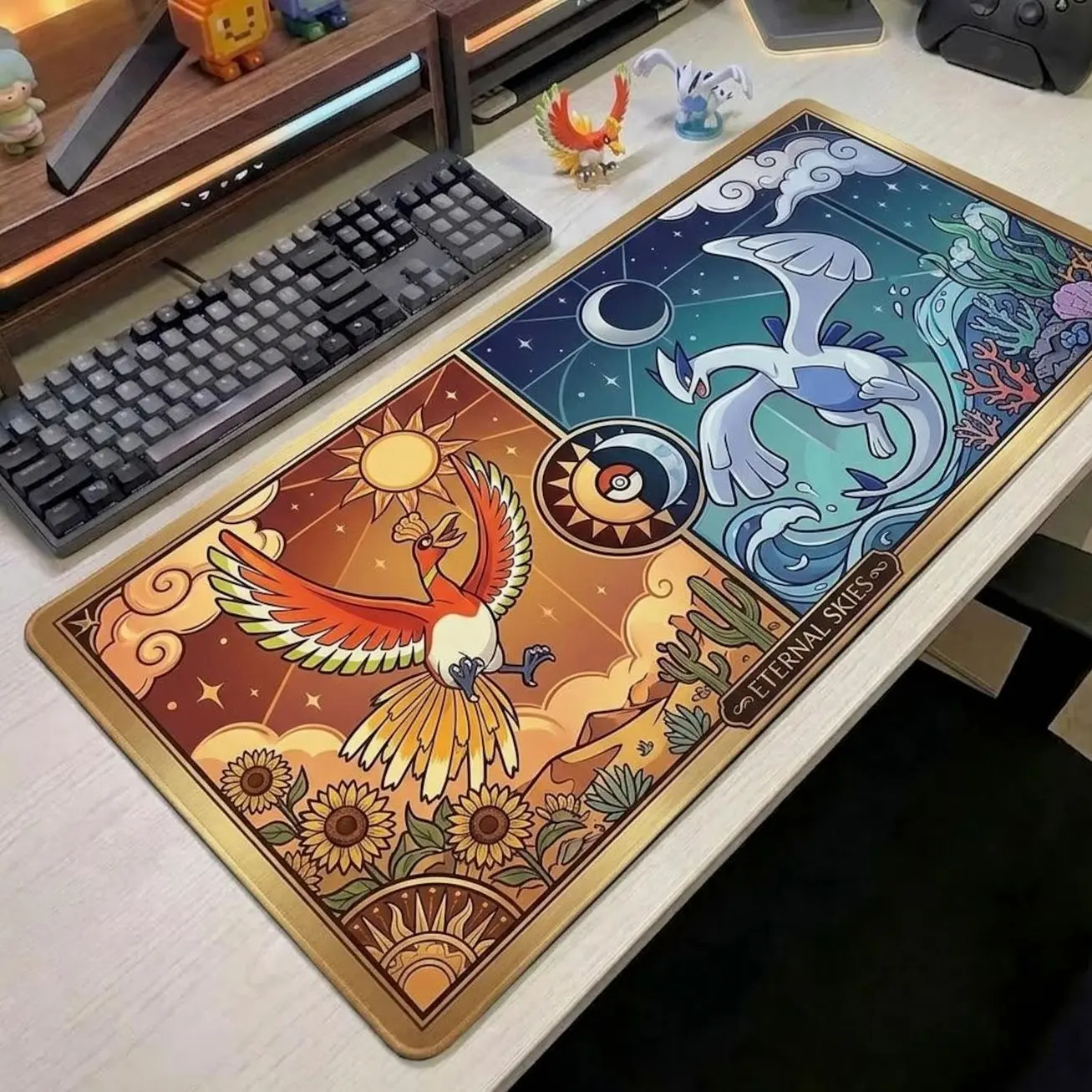 Mouse Pad Large Desk Mat Ho-Oh Lugia Mousepad Sun Moon Anime Desk Mat Gaming Desk Mat