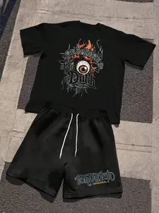 Best Pairings For The New 2026 Models Mens Fashion Crewneck Casual T Shirt And Shorts Set Cotton Eye Flame Graphic And Black Gothic Streetwear Outfit Machine Washable Comfortable All Seasons 100 Percent Pure Cotton Retro Street Style Loose