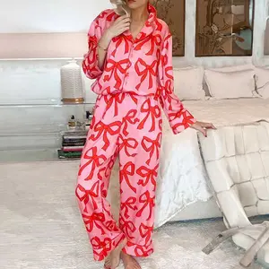 Pink 2pcs Bow Print Shirt Style Long Sleeve Pajama Set