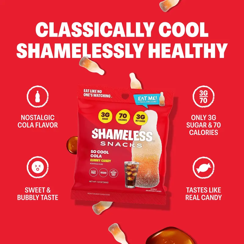 Shameless Snacks So Cool Cola Chewy Gummy Candy - Keto, Low Sugar, Gluten-Free, Glycerin-Infused Vegan Sweet Crave-Satisfy Low Calorie Candy, Erythritol & Sucralose-Sweetened High Fiber Boxed Set Office Snacks for Adults Shameless Snacks So Cool Cola Chewy Gummy Candy - Keto, Low Sugar, Gluten-Free, Glycerin-Infused Vegan Sweet Crave-Satisfy Low Calorie Candy, Erythritol & Sucralose-Sweetened High Fiber Boxed Set Office Snacks for Adults