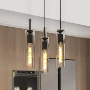 3-Pack Black Adjustable Modern Glass Pendant Light Fixtures (No Bulbs) - Industrial Style for Kitchen Island, Dining Room, Hallway