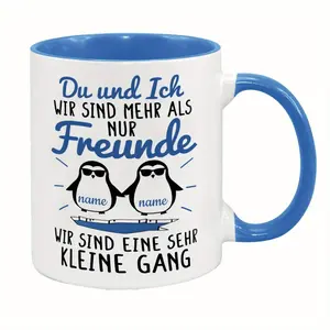 Personalized Friendship Mug, Ceramic Coffee Mug, Cute Penguins With Sunglasses And Custom Names, Blue Interior And Handle, For Best Friends Or Couples, 11 Oz Single Piece