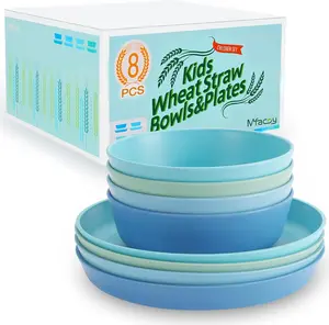 Mfacoy Wheat Straw Kids Dinnerware Set – 8PCS Plates & Bowls, BPA Free, Microwave & Dishwasher Safe, Unbreakable Kids Dishes