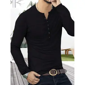 Mens Long Sleeve Henley T-Shirts Casual Slim Fit Basic Designed Buttons Cotton Shirt Soft Slim V Neck Pullover Tops