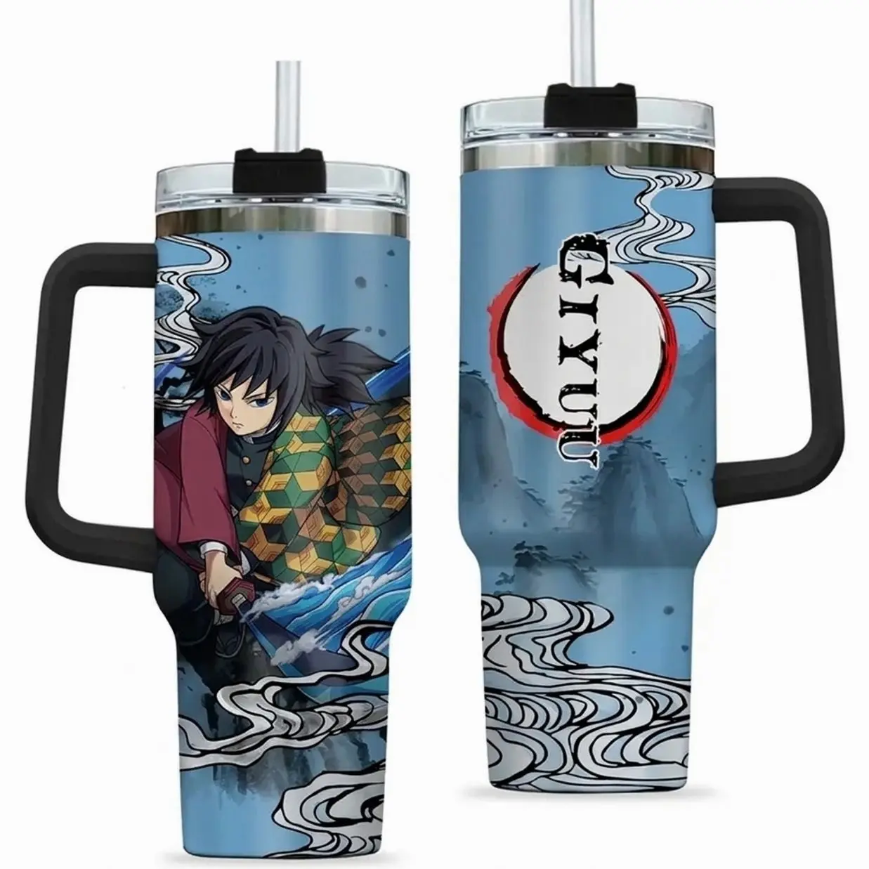 Giyu Tomioka Inspired 20oz/30oz/40oz Stainless Steel Tumbler with Handle – Water Hashira Double Wall Vacuum Insulated Travel Mug, Demon Slayer Anime Fan Gift