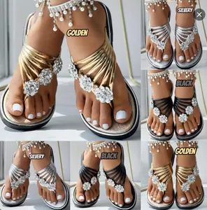 Women's rhinestone floral casual fashion flip flops, open toe flat sandals, summer beach slippers, indoor and outdoor Walking Shoes Footwear chic slides for women 2025 Flipflops Girl Black Tsinelas
