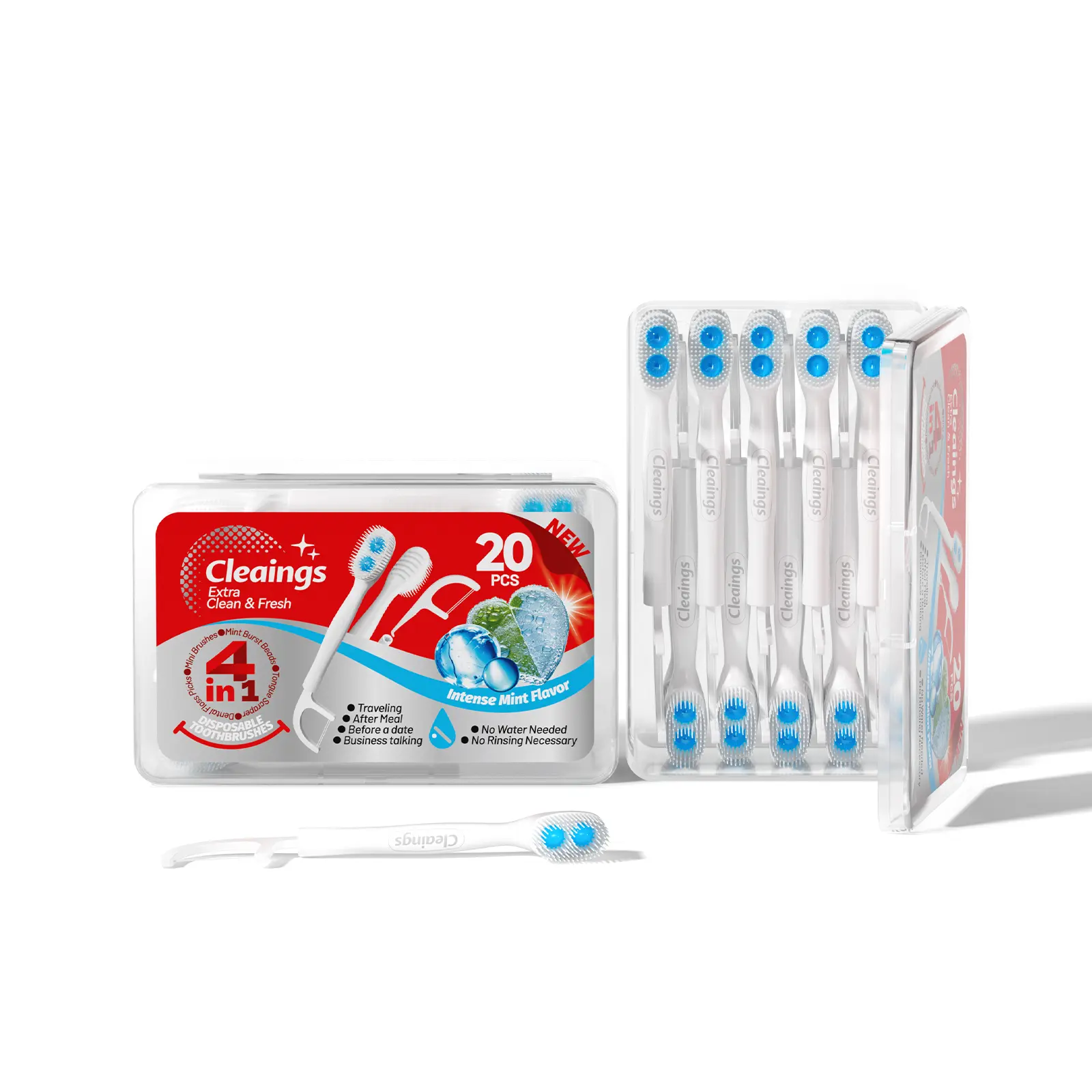 Cleaings 5-in-1 Disposable Dual Burst Bead Travel Toothbrush, Multi-Pack Flossing Toothbrushes with Built-In Dental Floss & Gum Pick, No-Water Portable Oral Care, Mint Strawberry Cleanser (20 Count)