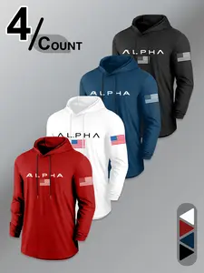Men's Military Style Hoodies Set, Alpha Logo & Flag Design, Long Sleeve Fitted Casual Wear, Sweatshirts, /blue// Colors