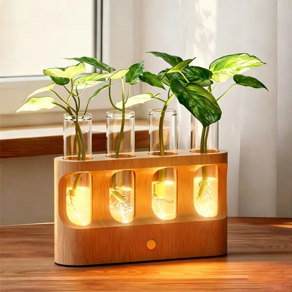 Rechargeable Plant Propagation Station with Stepless Dimming LED Light, Wooden Stand, 4 Glass Test Tubes, Home Decor for Hydroponic Plants, Unique Gifts for Women & Plant Lovers