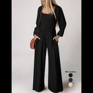 Women's Solid Shirred Pocket Jumpsuit, Casual Elegant Bishop Sleeve Long Sleeve Square Neck Jumpsuit for Fall & Winter, Fall Clothing, Women's Clothes for Daily Wear, Jumpsuits for Women