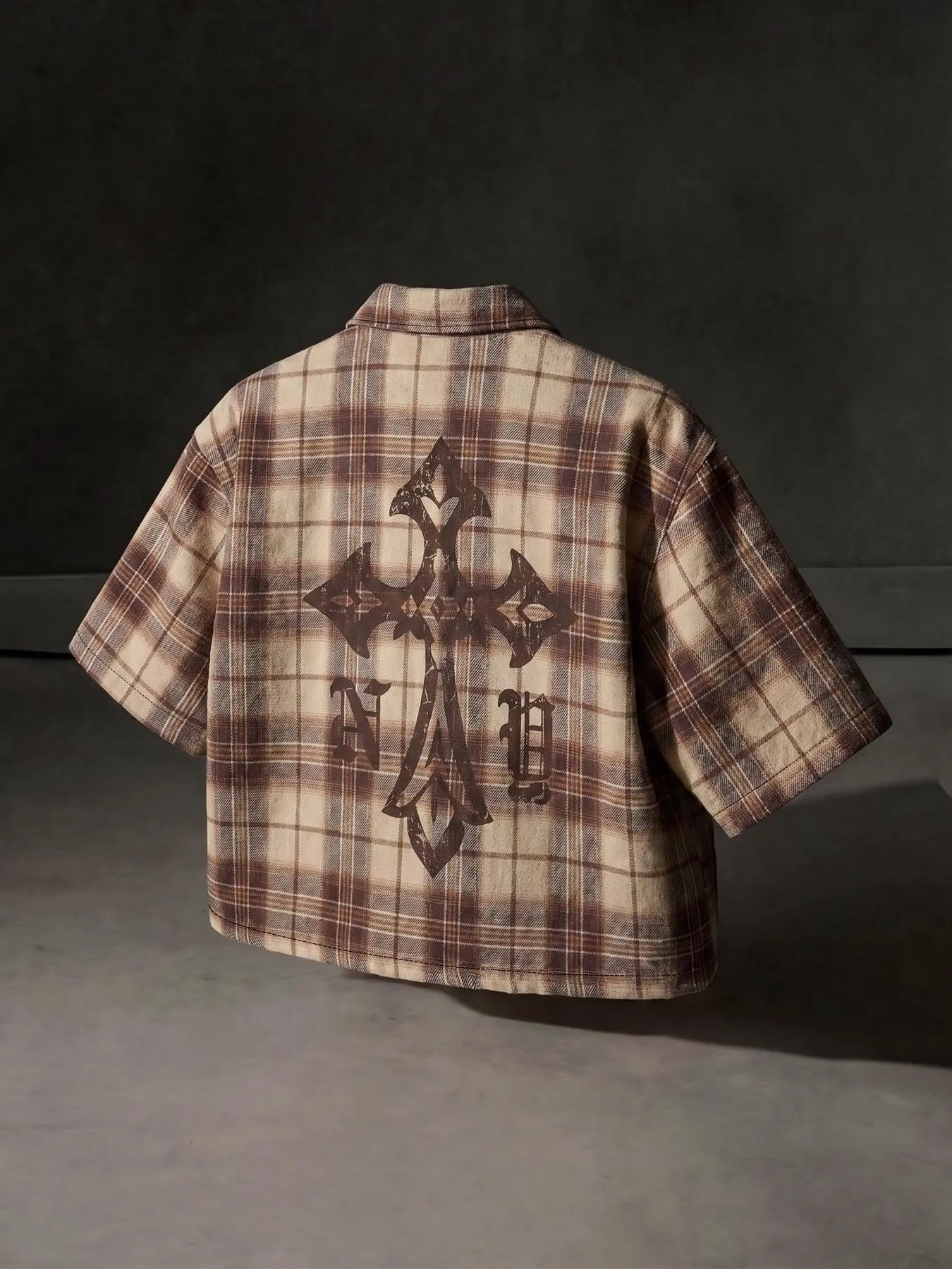 Men's Vintage-Inspired Classic Plaid Camp Collar Shirt with Gothic Cross Graphic Back Men's Camp Collar Shirt, Short Sleeve Button-Up, Oversized Plaid Shirt, Casual Streetwear Top, Casual Fashion Shirt