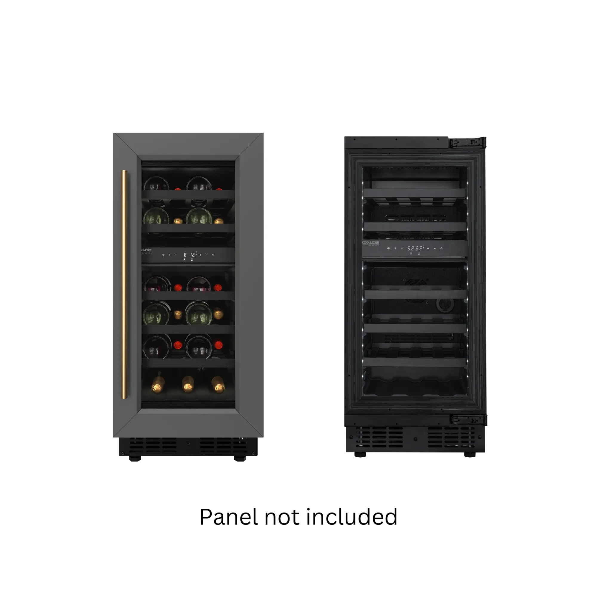 KoolMore Reserve Built-in Dual Zone Wine Cooler - 15 in. H, 23 in. W, 23 Bottle Capacity, Panel Ready, Wood Shelves, Black Shelves, Silent Operation, Articulated Hinge, Adjustable, Fan Cooling, Manufacturer Warranty (KM-CW28DZ-BPR)