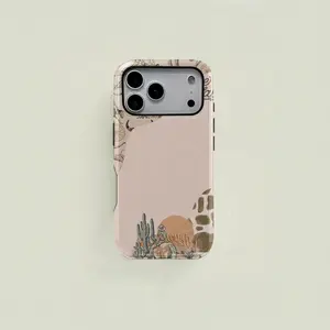 Beige Western-style Trendy Cowboy Cactus Line Drawing Double-layer Protective Case, Sturdy and Durable 2-in-1 Case,phone Case Suitable for Iphone 11/12/13/14/15/16/17 Pro Promax Plus Air, Simple and Stylish
