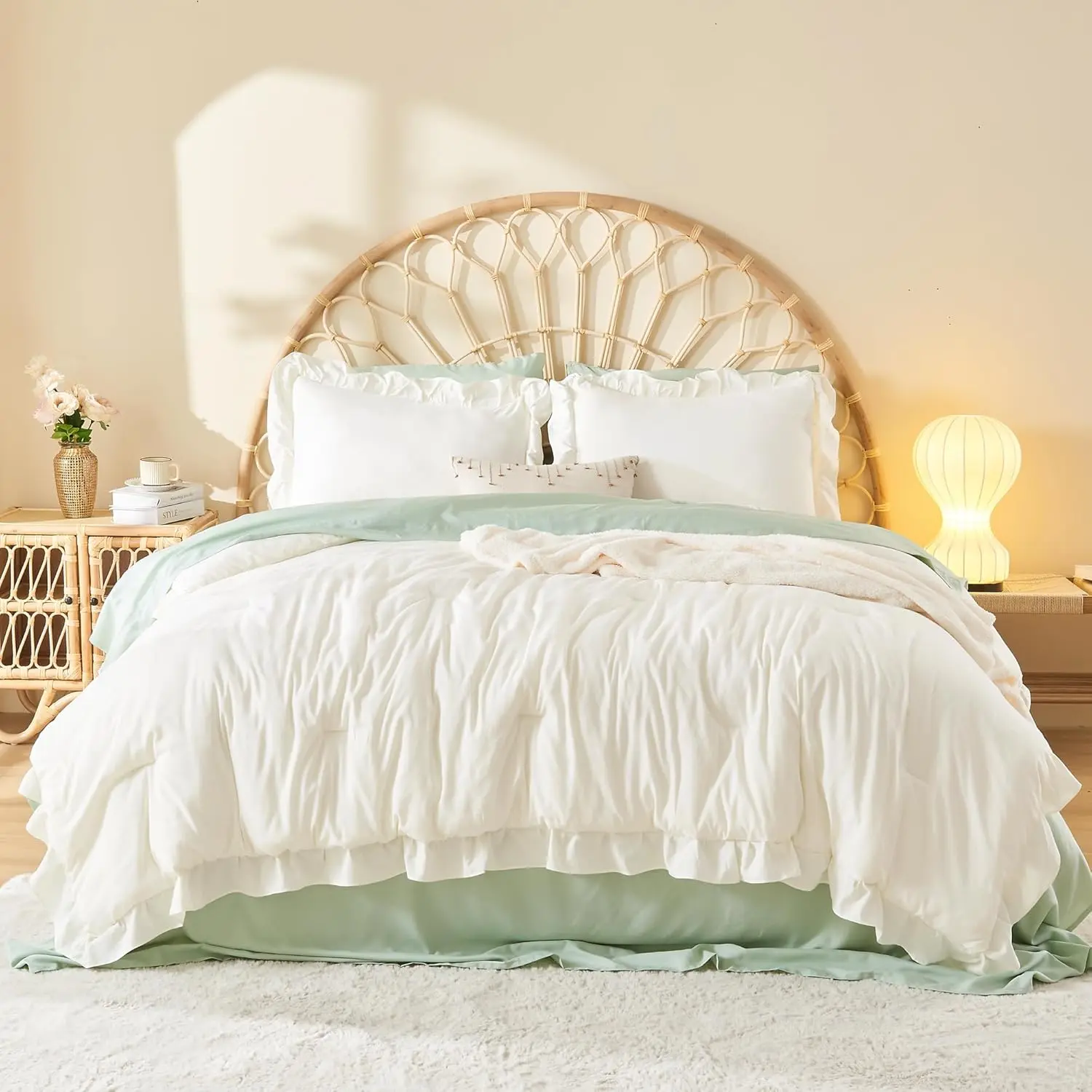 Full Comforter Ivory, 3 Beige Ruffle Farmhouse Aesthetic Comforter, Lightweight Fluffy Microfiber (79x90In Comforter, 2 Pillowcases)
