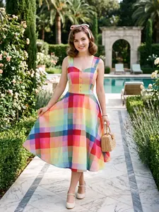 RETRO STAGE 1950s Colorful Plaid Wide-strap A-Line Dress