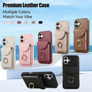 Apple Leather Phone Case Protector, Accordion Card Wallet + Ring Stand + Crossbody Chain, Fits iPhone Full Series, Portable Travel Accessory