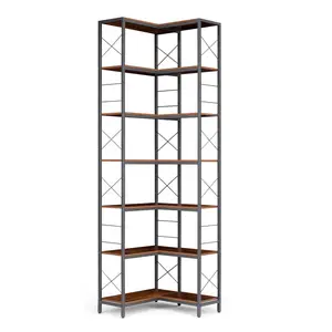 7 Tier Industrial Corner Shelf, Wood & Metal Frame Freestanding Corner Bookcase, Large Display Shelf for Living Room Kitchen Home Office, Rustic Brown