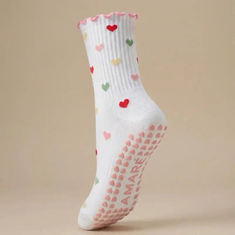 Colorful Hearts Grip socks Soft Stretchy Secure for Pilates Yoga Size 6-9 Comfy Fit Sports Stockings