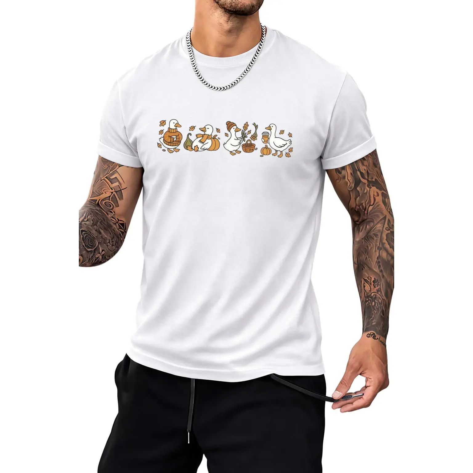 Men's Fitted Cotton Casual Short-Sleeve Graphic T-Shirt - Fall Goose, Thanksgiving, Halloween, Coffee, Pumpkin Gourd Themed Cozy Top Menswear Crewneck