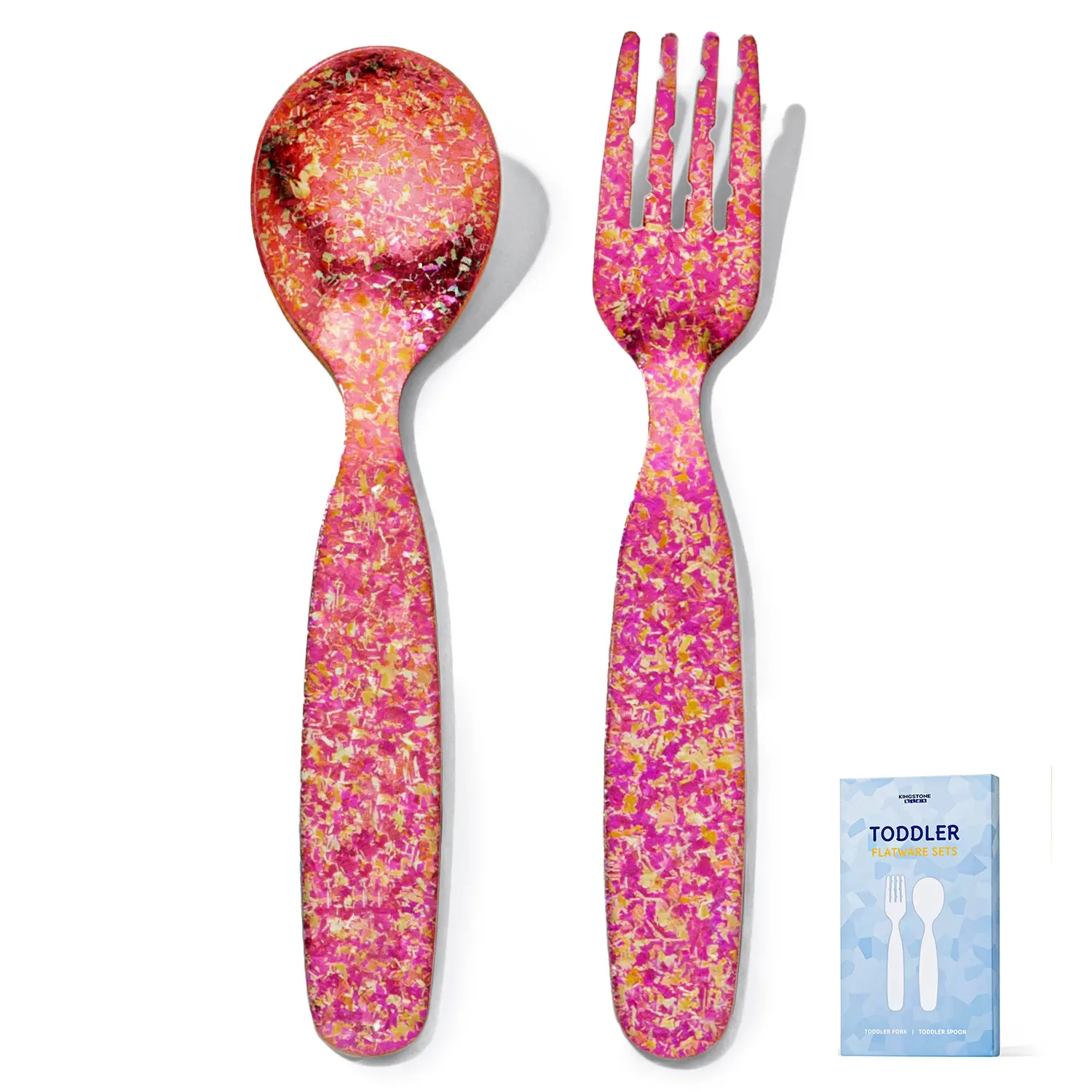 KINGSTONE Pure Titanium Toddler Utensils Set - 2-Pack Glitter Anodized Fork & Spoon, 40% Lighter Than Stainless Steel, Self-Feeding Training Flatware for 18+ Months, BPA/Latex-Free, CPC/FDA-Certified, Dishwasher-Safe Gift Set, Model 55601