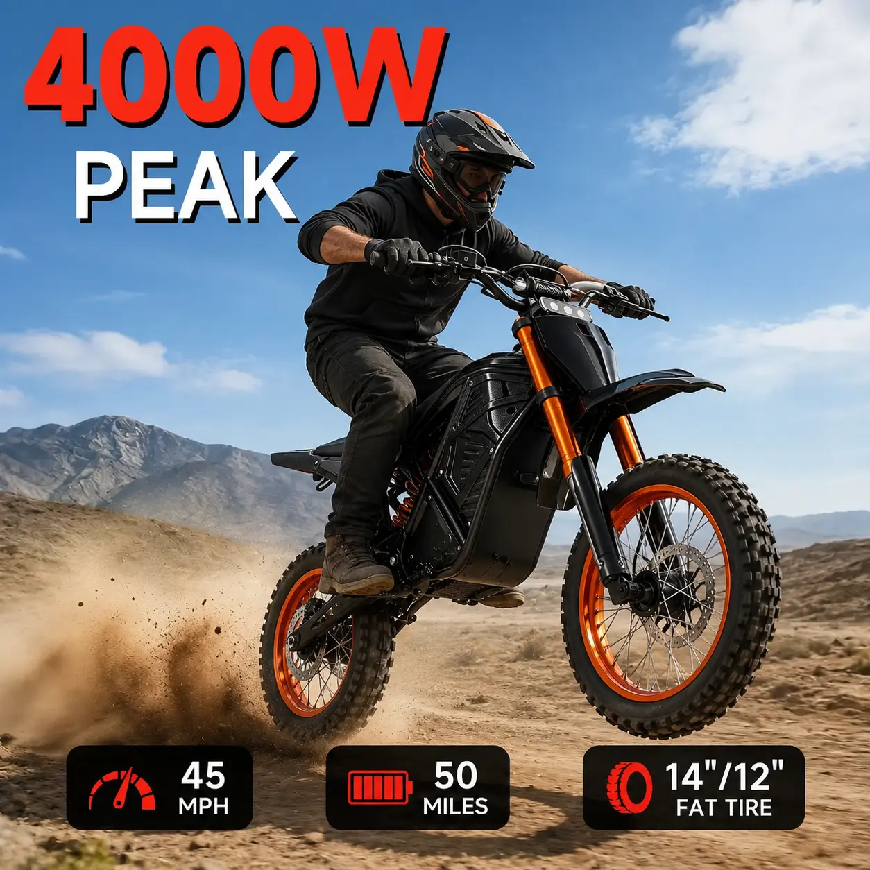 60V 4000W Adult Electric Dirt Bike, 45 MPH Top Speed, 20.8Ah Battery, 50-mi Range, 14/12-Inch Off-Road Tires, Ideal Outdoor Sports Gift brake hydraulic
