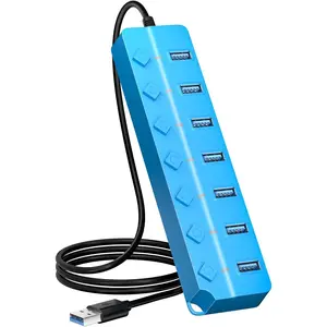 USB Hub 3.0, 7-Port USB Hub Splitter with Individual On/Off Switches and Lights, 3.2ft/1m Long  Compatible with MacBook, Laptop, Surface Pro, PS4, PC, Flash Drive, Mobile HDD-Blue