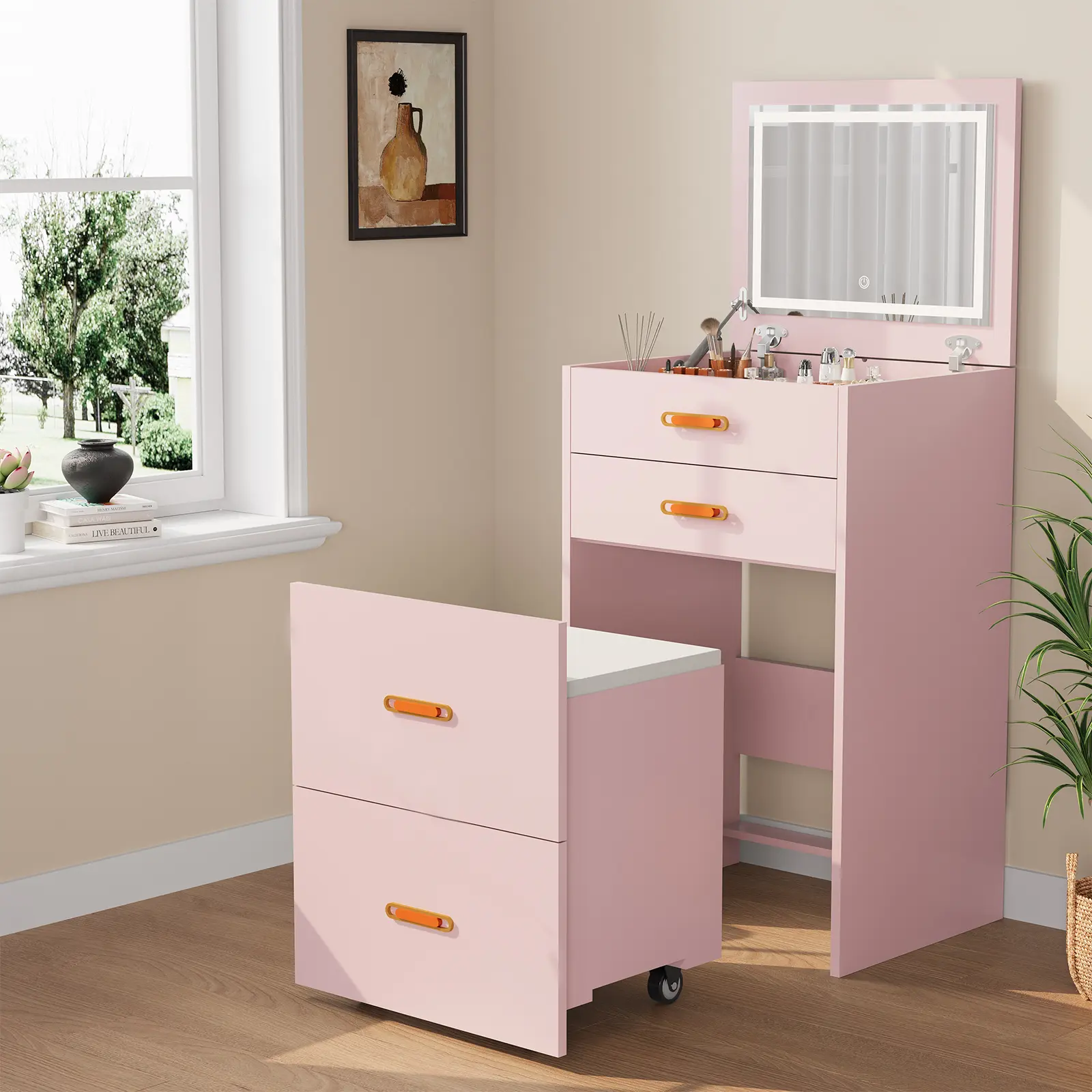 3-in-1 Compact Vanity Unit with Mirror, Adjustable Lights, and Wheeled Chair | Keywords: small makeup table, girls' bedroom furniture, apartment