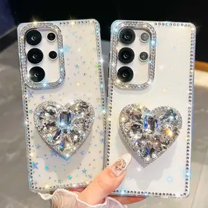 Samsung S23-S25 Series Phone Case, Shockproof Protective Cover, Anti-Drop Diamond Heart Stand Cover, Compatible with Plus Ultra Fe Models, Stylish Protective Accessory