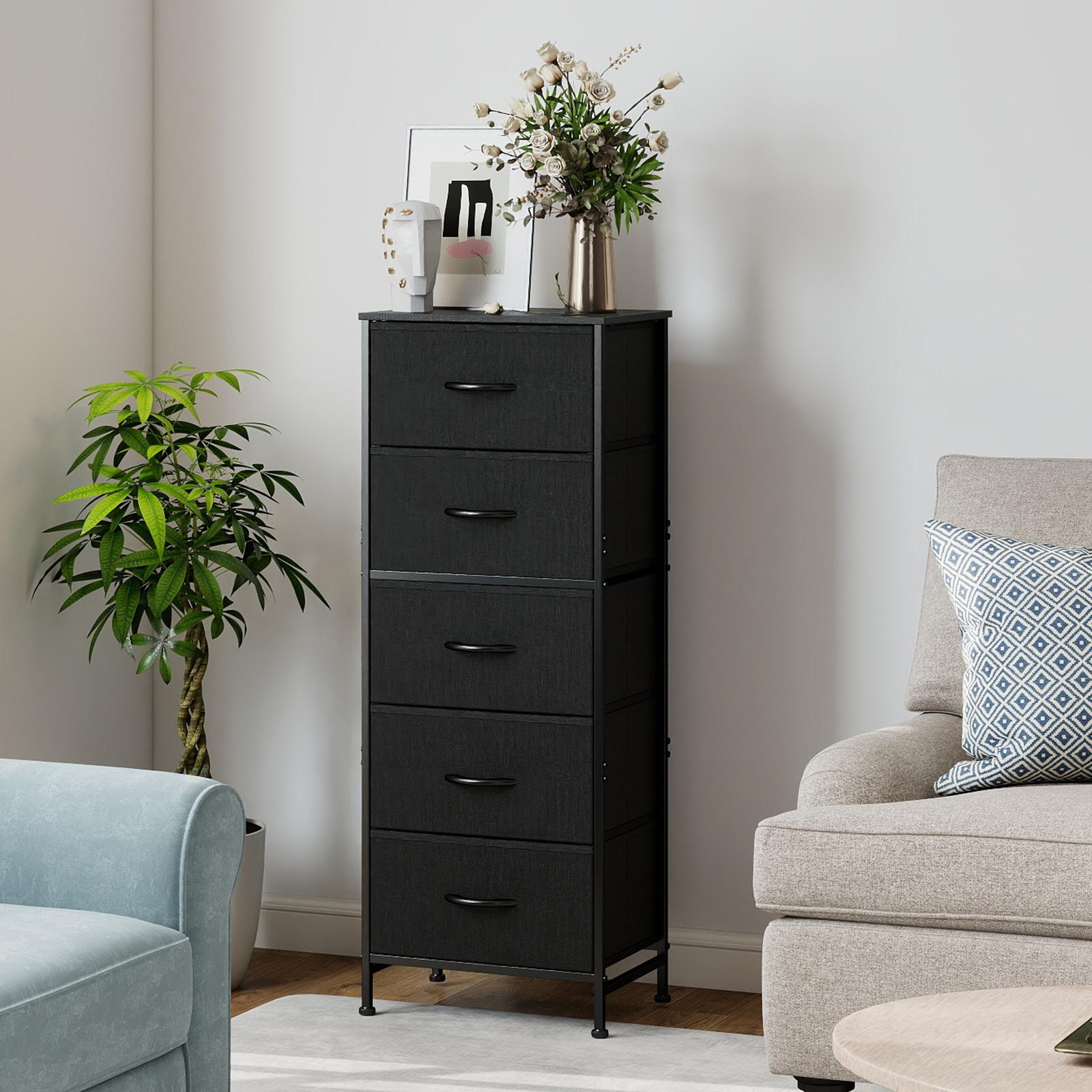 Nightstand with 5 Drawers, Bedside Table with Removable Fabric Bins, Sturdy Steel Frame Wood Top Skinny Dresser   cabinet  for Bedroom Closet Living Room, Black