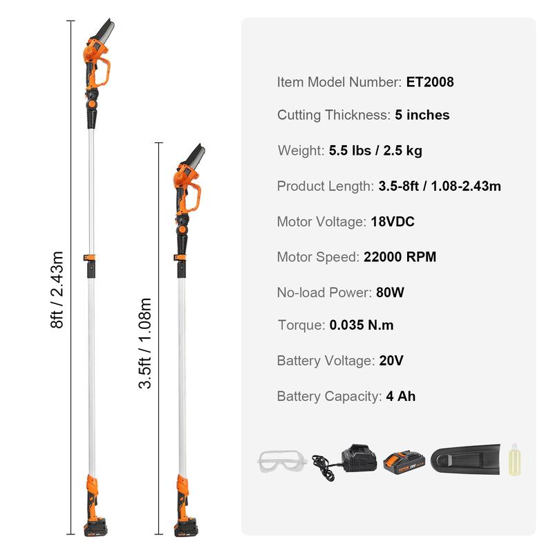 VEVOR 2-in-1  Mini Chainsaw, TikTokShopBlackFriday, 20V 4Ah Battery Pole Chainsaw, 5" Cutting Capacity 8 ft Reach Pole Saw for Branch Cutting & Tree Trimming