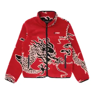 Hypland Year of the Dragon Sherpa Jacket Red Medium Men's Coat with Front Zipper and Dragon Pattern Design