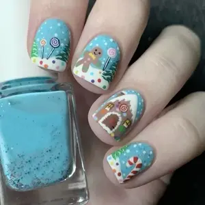 Christmas 24pcs Short Square French Press-On Nails, Gingerbread Man Cane Candy House Design, Acrylic False Nails for Women & Girls