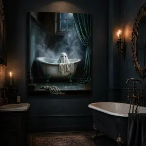 Halloween Ghost in Bathtub Framed Canvas Wall Art Print, Funny Bathroom Wall Decor for Home Living Room Bedroom Office, Spooky Cute Room Wall Decor, Apt Decor, Aesthetic Design, Modern Minimalist Design, Framed Paintings, Canvas Prints abstract