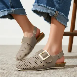 Women's Breathable Perforated Leather Slingback Clogs Comfortable Velcro Closure Closed-Toe Sandals with Cork Footbed Lightweight Casual Flat Mules for Everyday Wear
