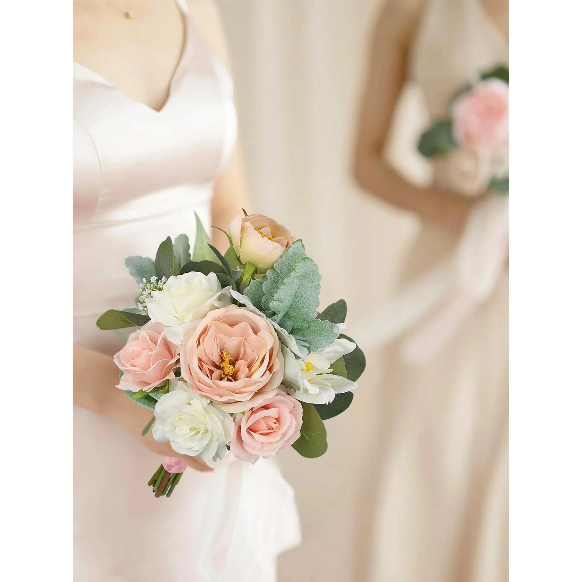 Rinlong 7-in Wide Romantic Real-Touch Silk Flower Bridesmaid Bouquet - Silk Blush Pink Austin Roses, Luxurious Lambs Ear, Cream White Flowers for Wedding Events Decor