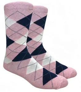 Pink Argyle Dress Socks with Navy and White Pattern