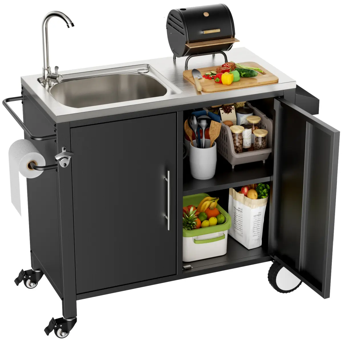 Outdoor Grill Table with Sink, Grill Cart with 304 Stainless Steel Sink and Cabinet, Outdoor Grill Cart,Outdoor Cart Sink Station with Wheels, L38" x W18" x H35"