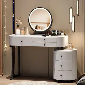54" Minimalist Vanity Table, Modern Table with Led Mirror, Makeup Vanity Desk with Rotatable Cabinet for Dressing Area, White