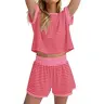 EncoLax 2 Piece Lounge Set Women Stripe Knit Short Sleeve Tee Shirts Shorts Casual Summer Loungewear Shorts Sets
