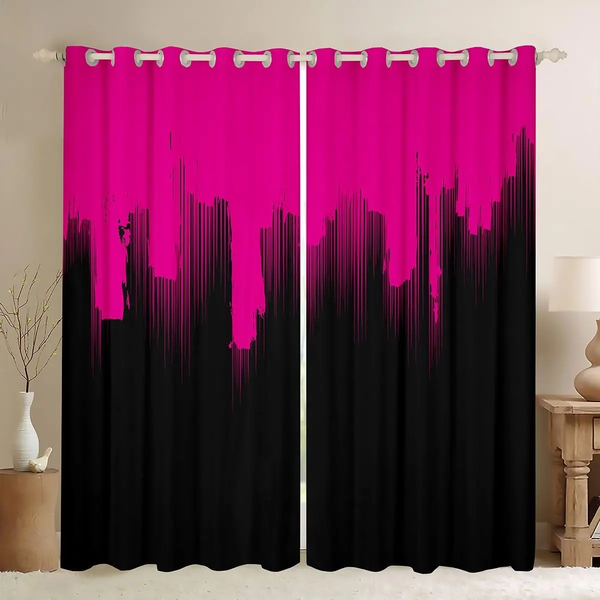 Art Deco Abstract Art Hot Pink & Black Stripe Grommet Velvet Curtain Panels - Blackout Window Cover, 30-50% Dimming Household Textiles, Cozy Velvet Touch, Pink Bedroom Decoration, Machine Washable, Non-Bleachable