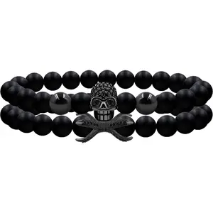 Black Onyx Round Bead Bracelet, Natural Energy Stone, Wear Skull Inlaid Zirconia, Bring You Good Luck, Best Wishes for Your Lover. Couple Bracelet, Gift of Eternal Love.