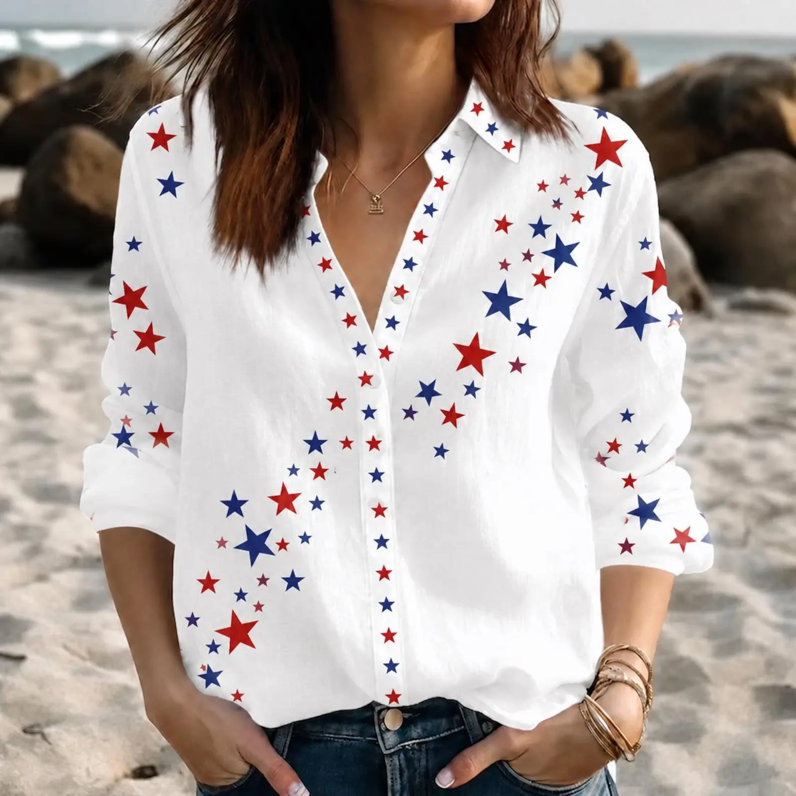 USA Flag Women's Button Up Shirt, Patriotic Casual 4th of July Blouse, Merica Red White Blue Top, Independence Day Summer Outfit